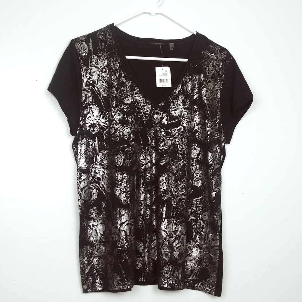 Tahari  Baby Tee Women's Size XL/TG Black Metallic Print
